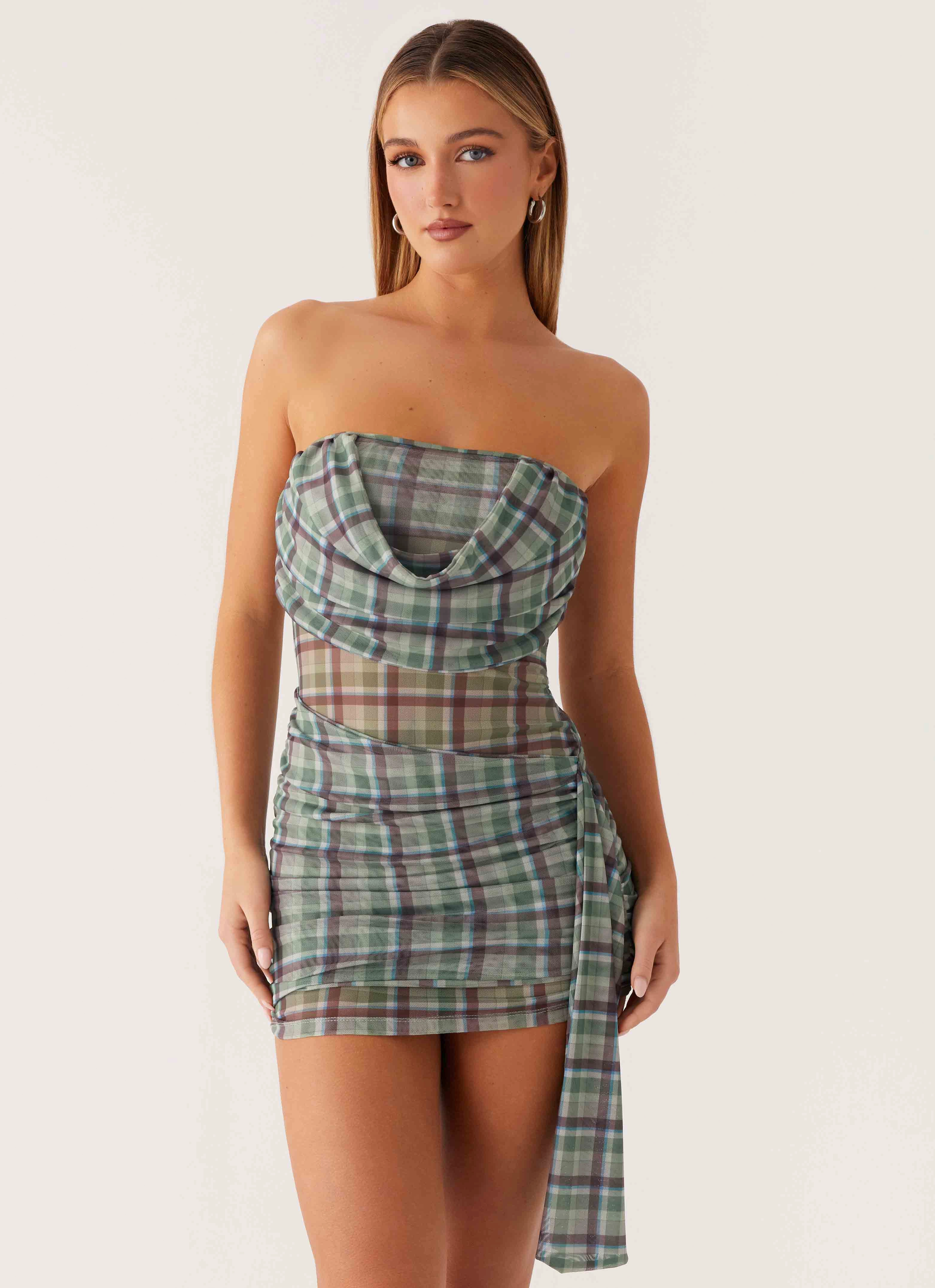 Neat Finish Button Accent Seren Mini Dress - Cedar Check