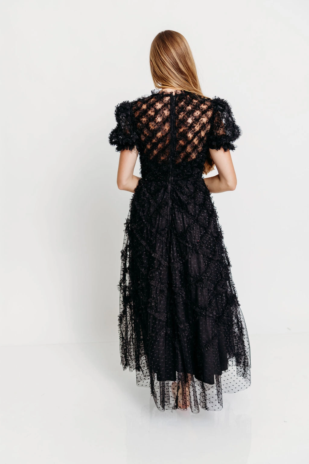 Stylish party wear Serena Ruffle Frill Swiss Mesh Maxi Dress in Black