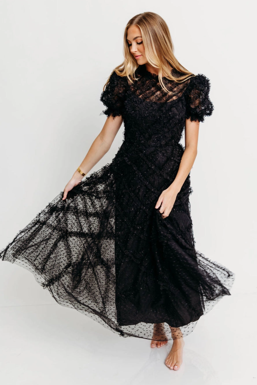 Subtle Flow Clean Flow Serena Ruffle Frill Swiss Mesh Maxi Dress in Black