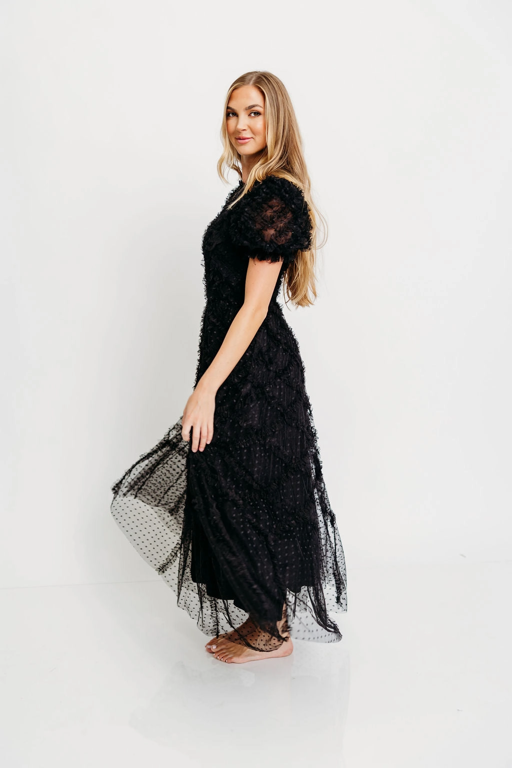 Tear-resistant Serena Ruffle Frill Swiss Mesh Maxi Dress in Black