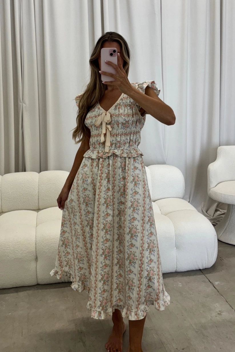 Shauna Vintage Floral Smocked Midi Dress in Peach Modern Comfort Daily Option