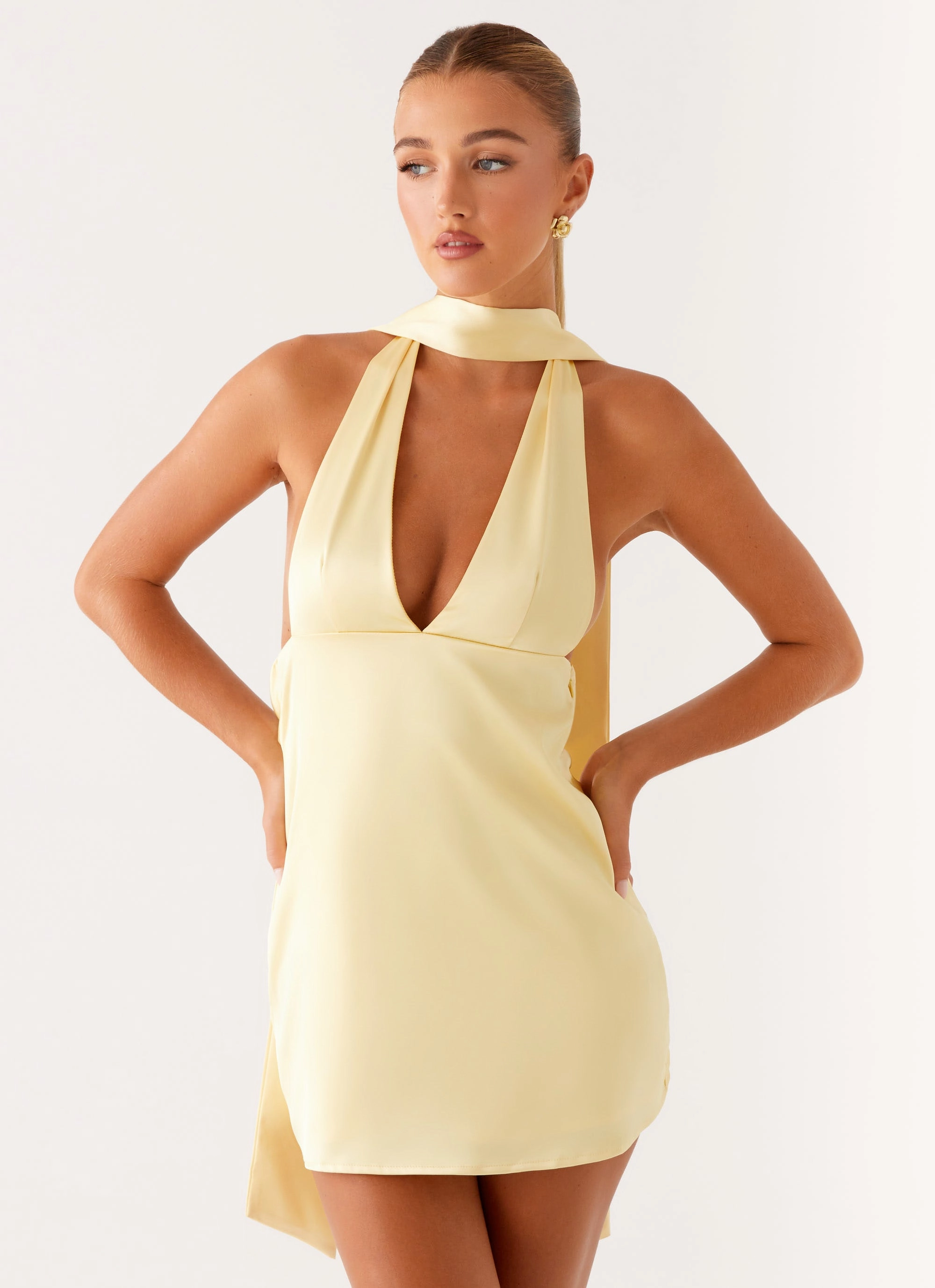 Alicia Satin Halter Mini Dress - Pastel Yellow Subtle Charm Relaxed-fit