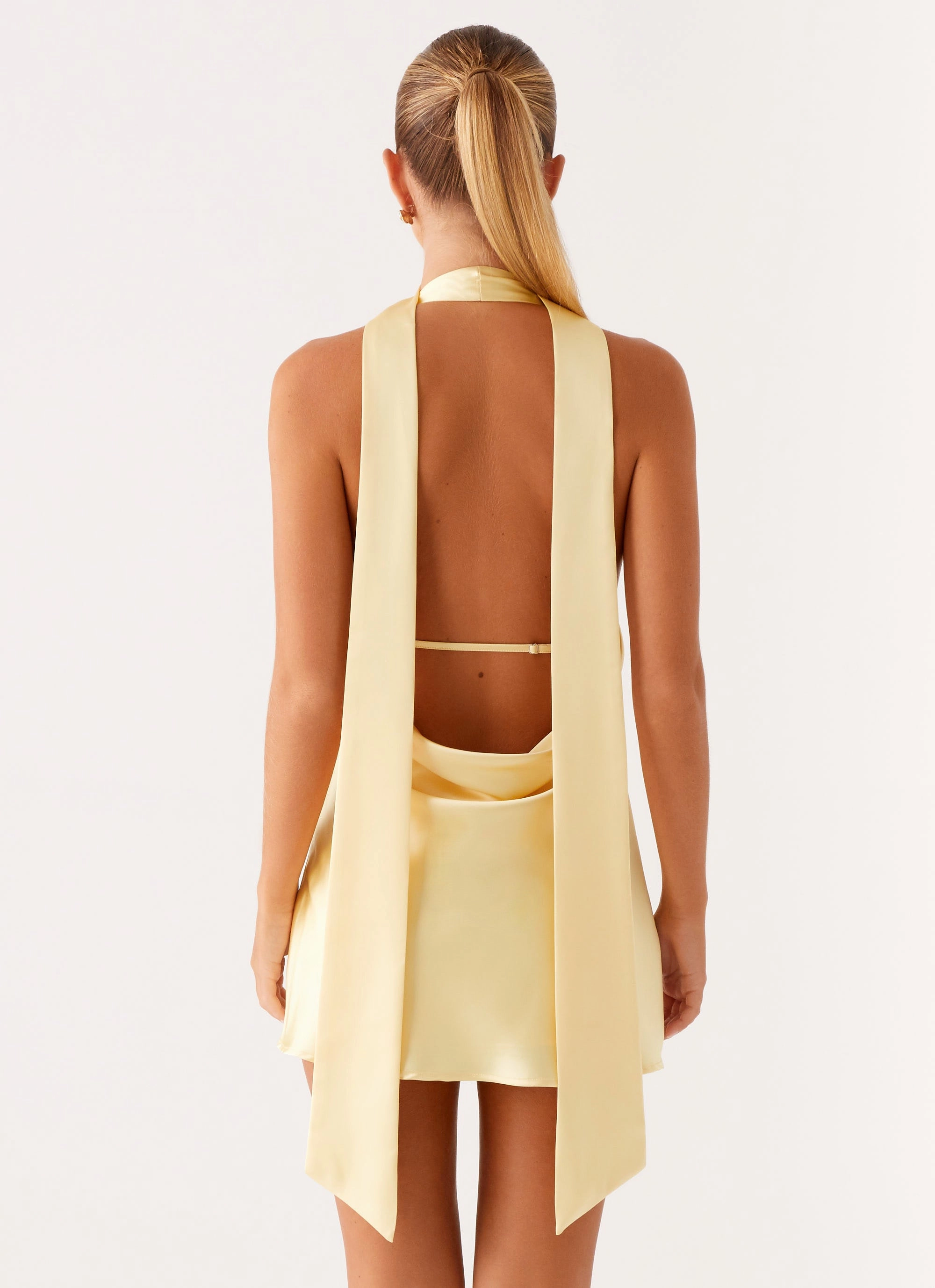 Relaxed Comfort Look Clean Aesthetic Alicia Satin Halter Mini Dress - Pastel Yellow