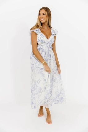 Stylish and Simple Classic Edge Jillian Floral Midi Dress in Blue *Final-Sale*