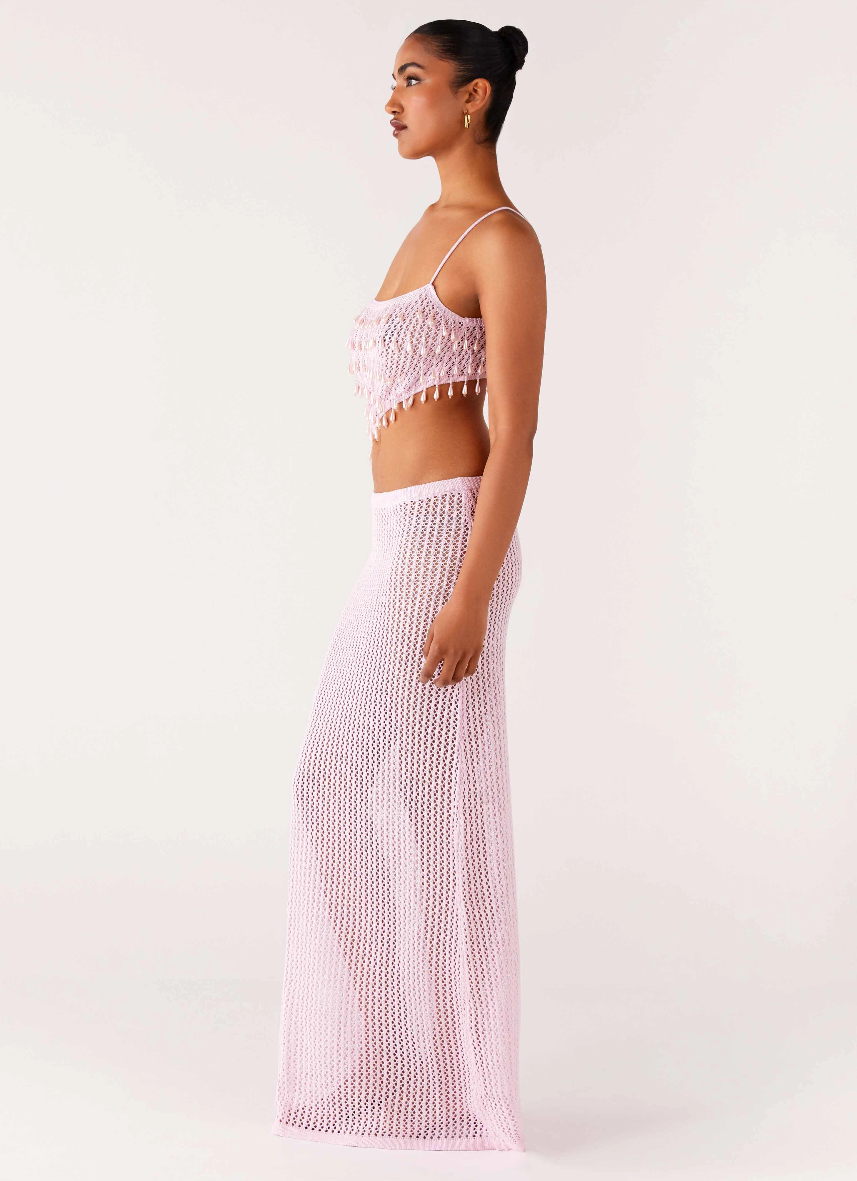 Lazy Pick Soft Weave Shellbound Crochet Maxi Dress - Pink