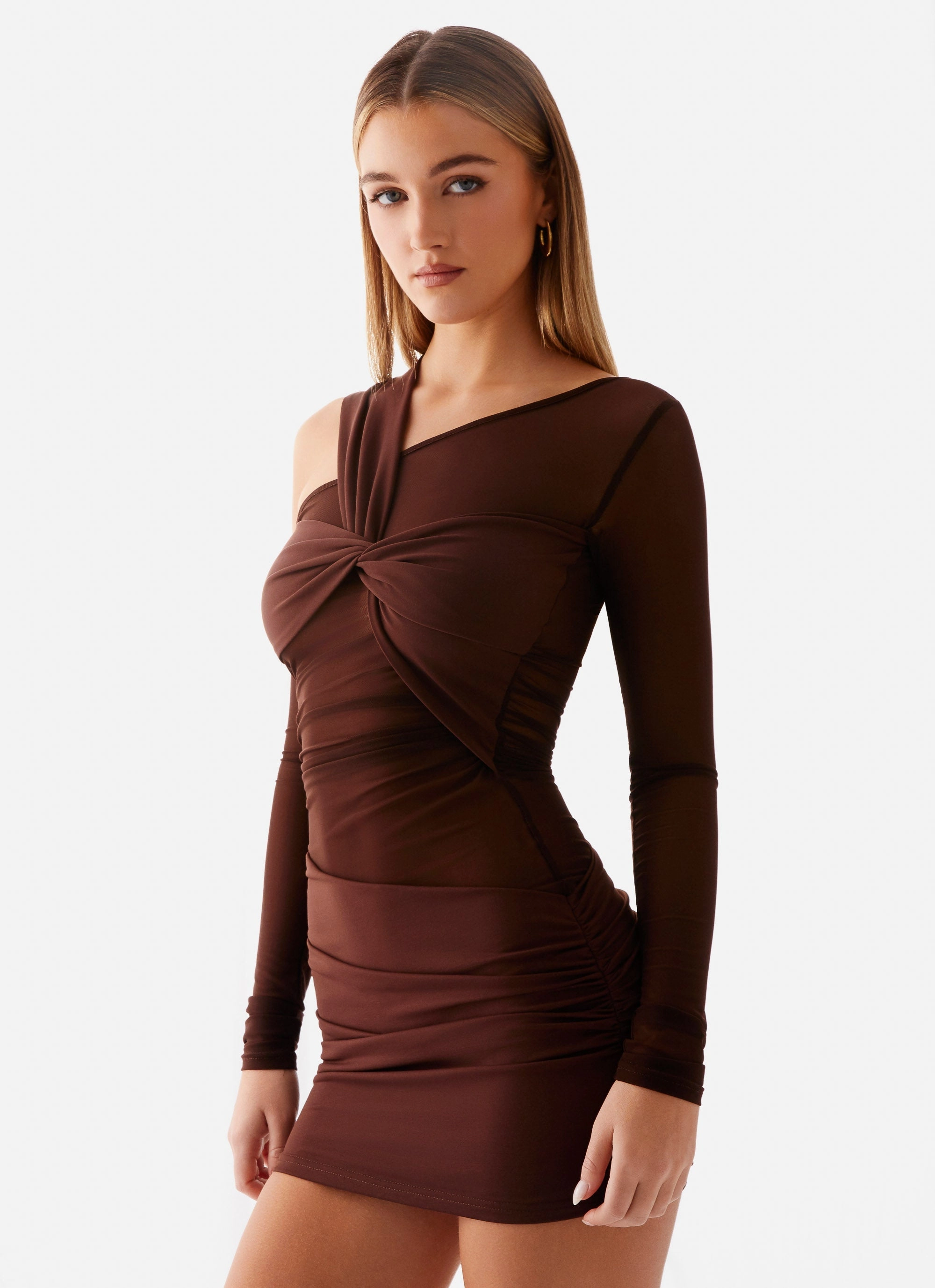 Ophelie Asymmetric Long Sleeve Mini Dress - Chocolate Calm Aesthetic