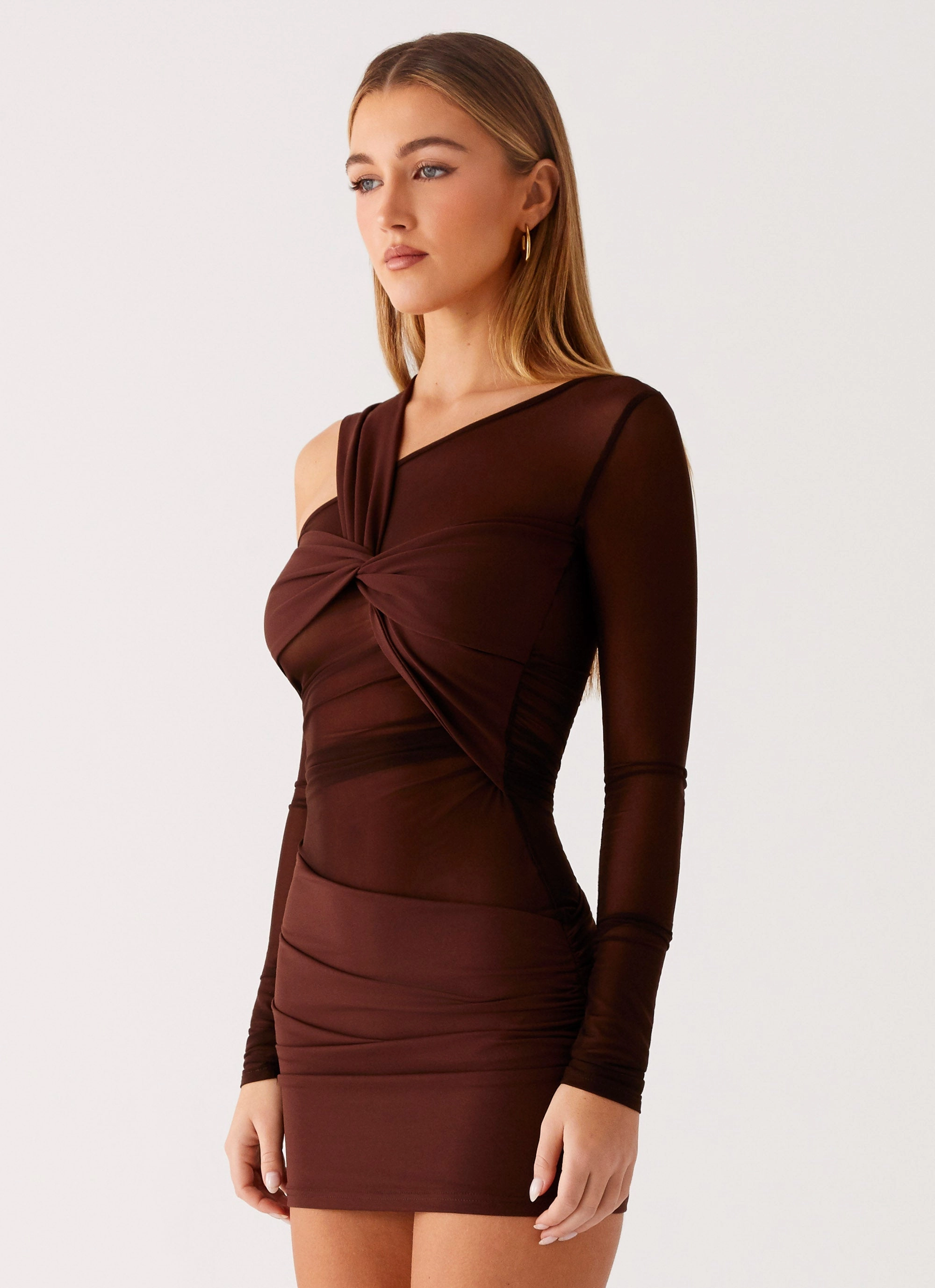 Smooth Feel AntiPillTreatment Ophelie Asymmetric Long Sleeve Mini Dress - Chocolate