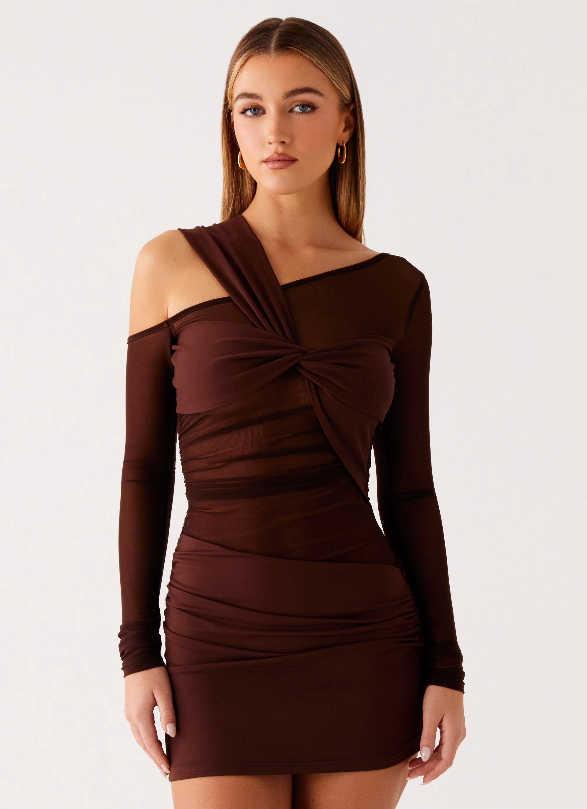 Bold Fashion Luxury-Fabric Ophelie Asymmetric Long Sleeve Mini Dress - Chocolate