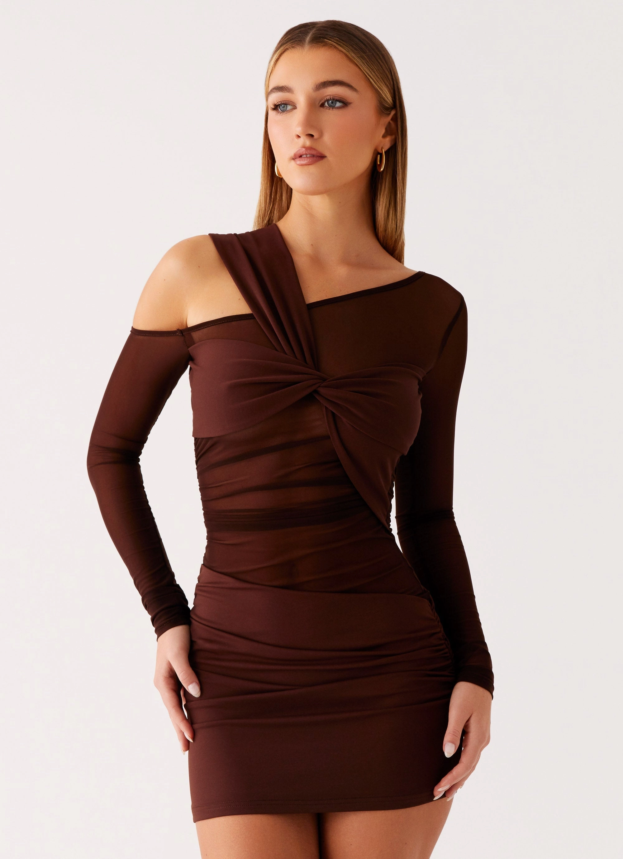 Glossy Fabric Mermaid-Hem Ophelie Asymmetric Long Sleeve Mini Dress - Chocolate