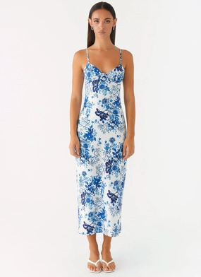 Travel Ready Sleek and Simple Take Chances Midi Dress - Serene Sky Floral
