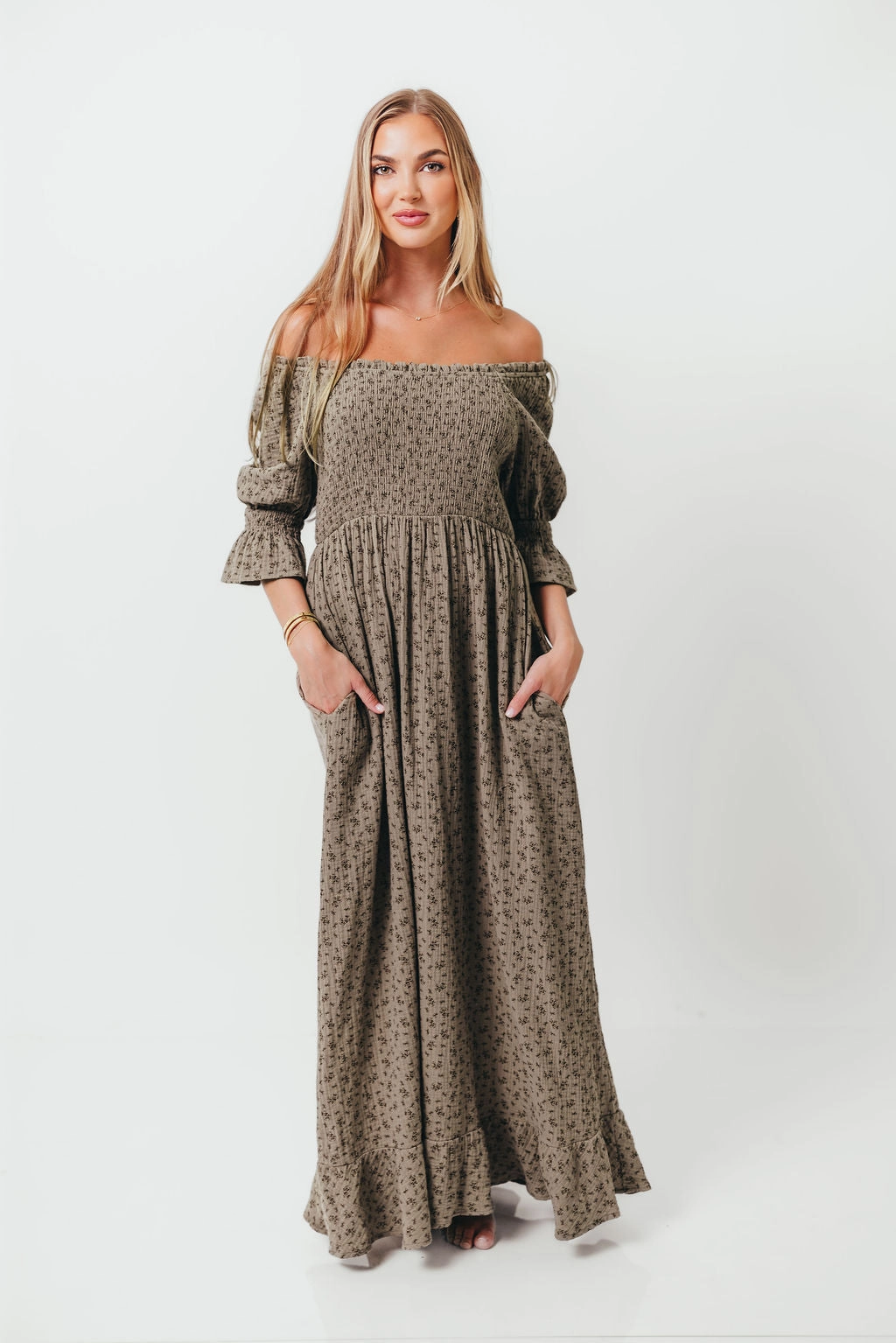 Sienna 100% Cotton Puff Sleeve Maxi Dress in Olive Foliage - Bump Friendly *9/26 PRE-ORDER* Sleek Drape