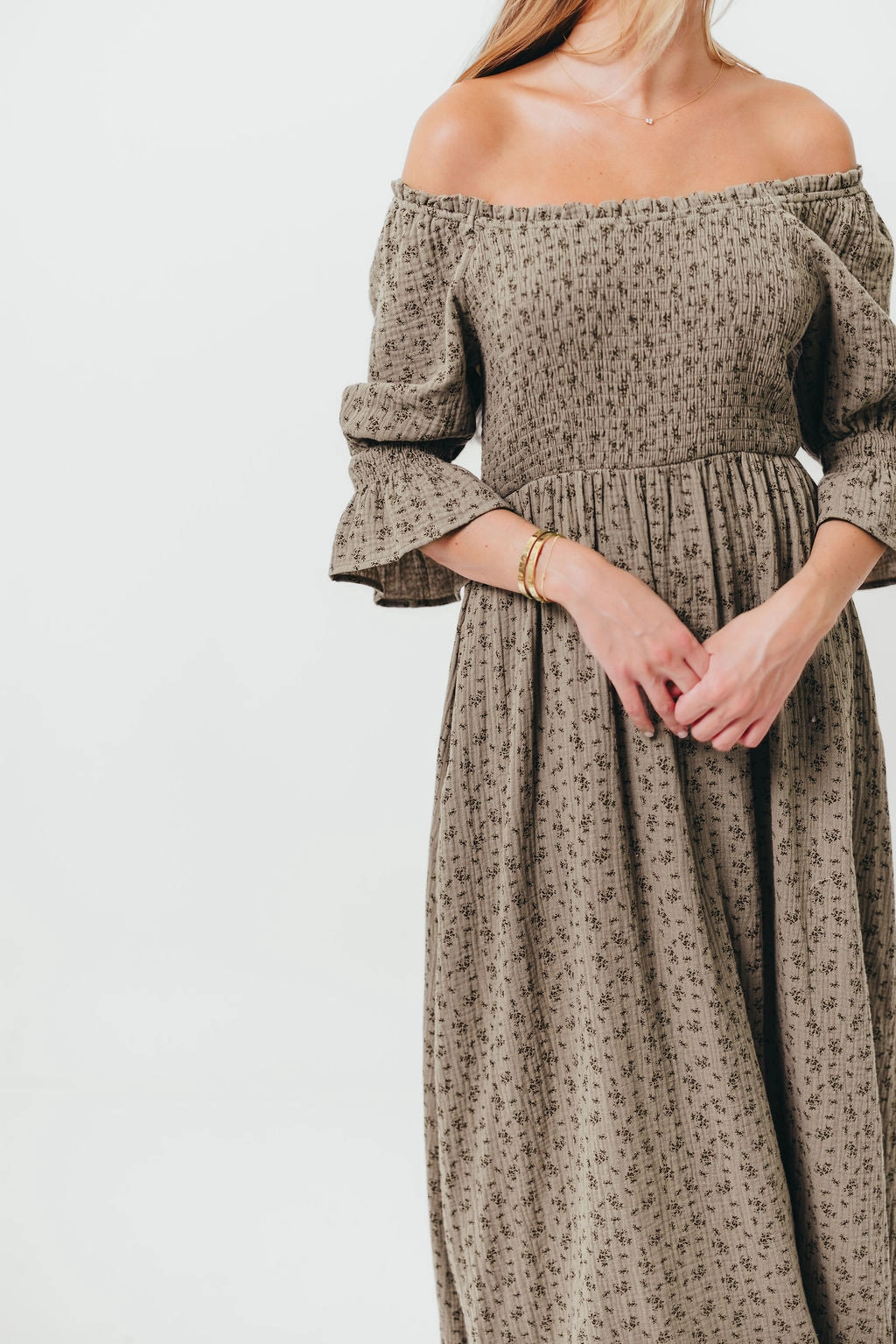 Sienna 100% Cotton Puff Sleeve Maxi Dress in Olive Foliage - Bump Friendly *9/26 PRE-ORDER* Calm Flow