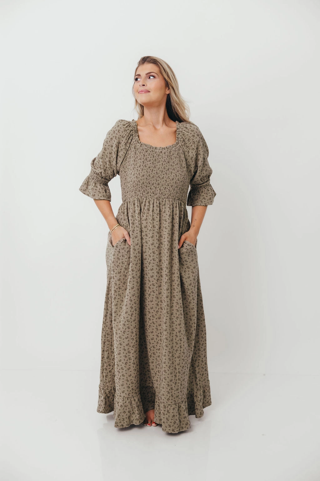 Breathable Material Sienna 100% Cotton Puff Sleeve Maxi Dress in Olive Foliage - Bump Friendly *9/26 PRE-ORDER*