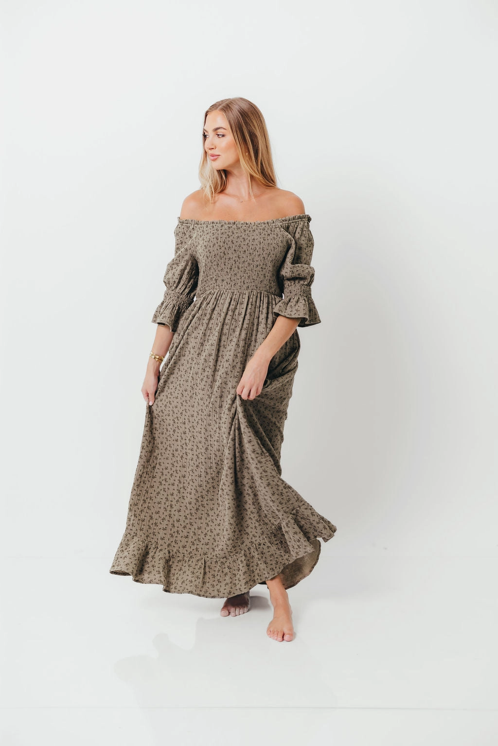 Flattering Fit for All Bright Vibe Sienna 100% Cotton Puff Sleeve Maxi Dress in Olive Foliage - Bump Friendly *9/26 PRE-ORDER*