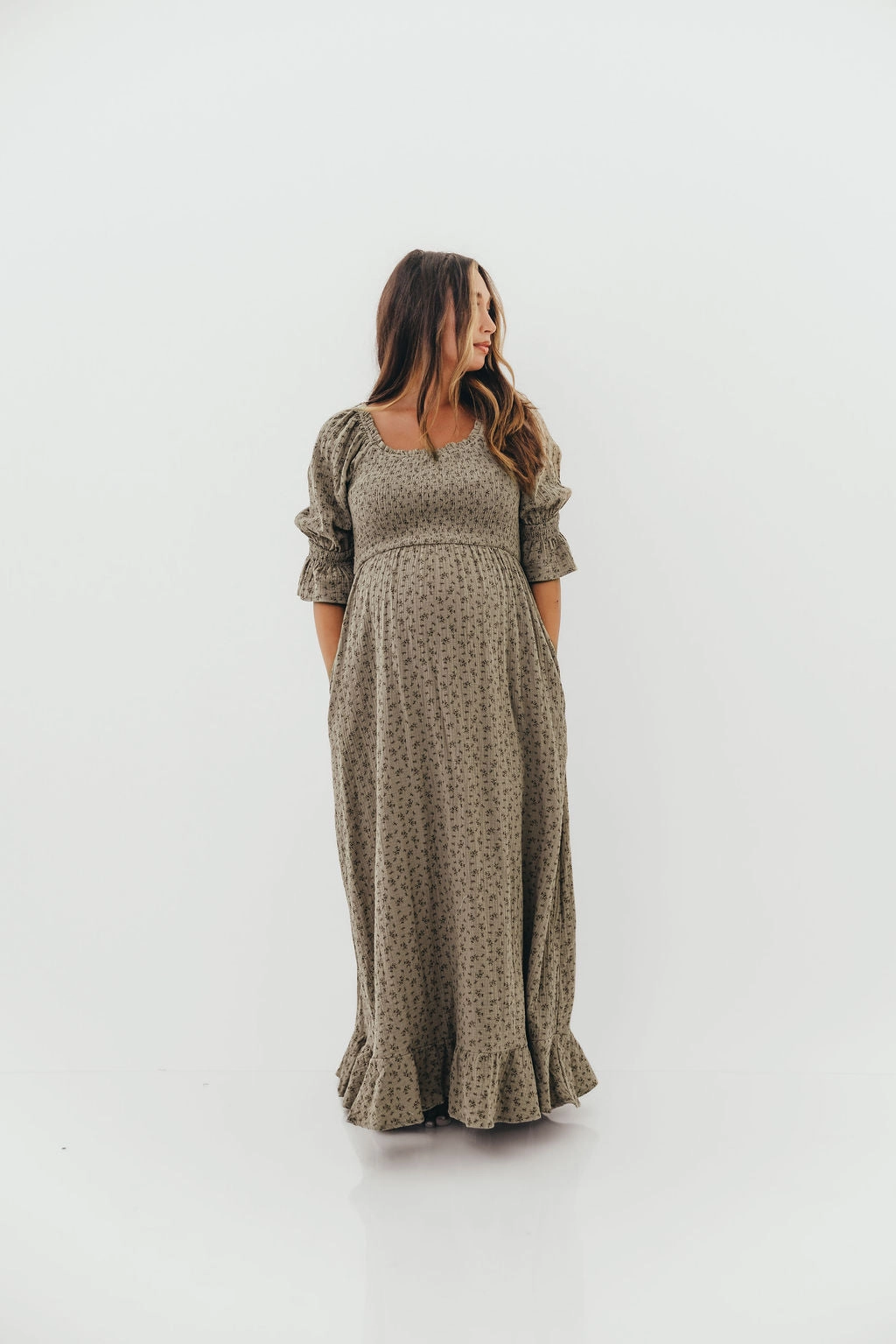 Fresh Aesthetic Casual Silhouette Sienna 100% Cotton Puff Sleeve Maxi Dress in Olive Foliage - Bump Friendly *9/26 PRE-ORDER*