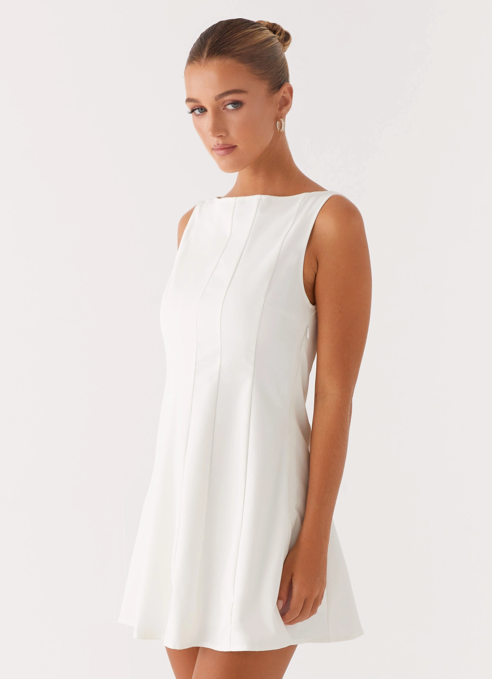 Emelie Mini Dress - White Embroidered Fabric Lounge Fit