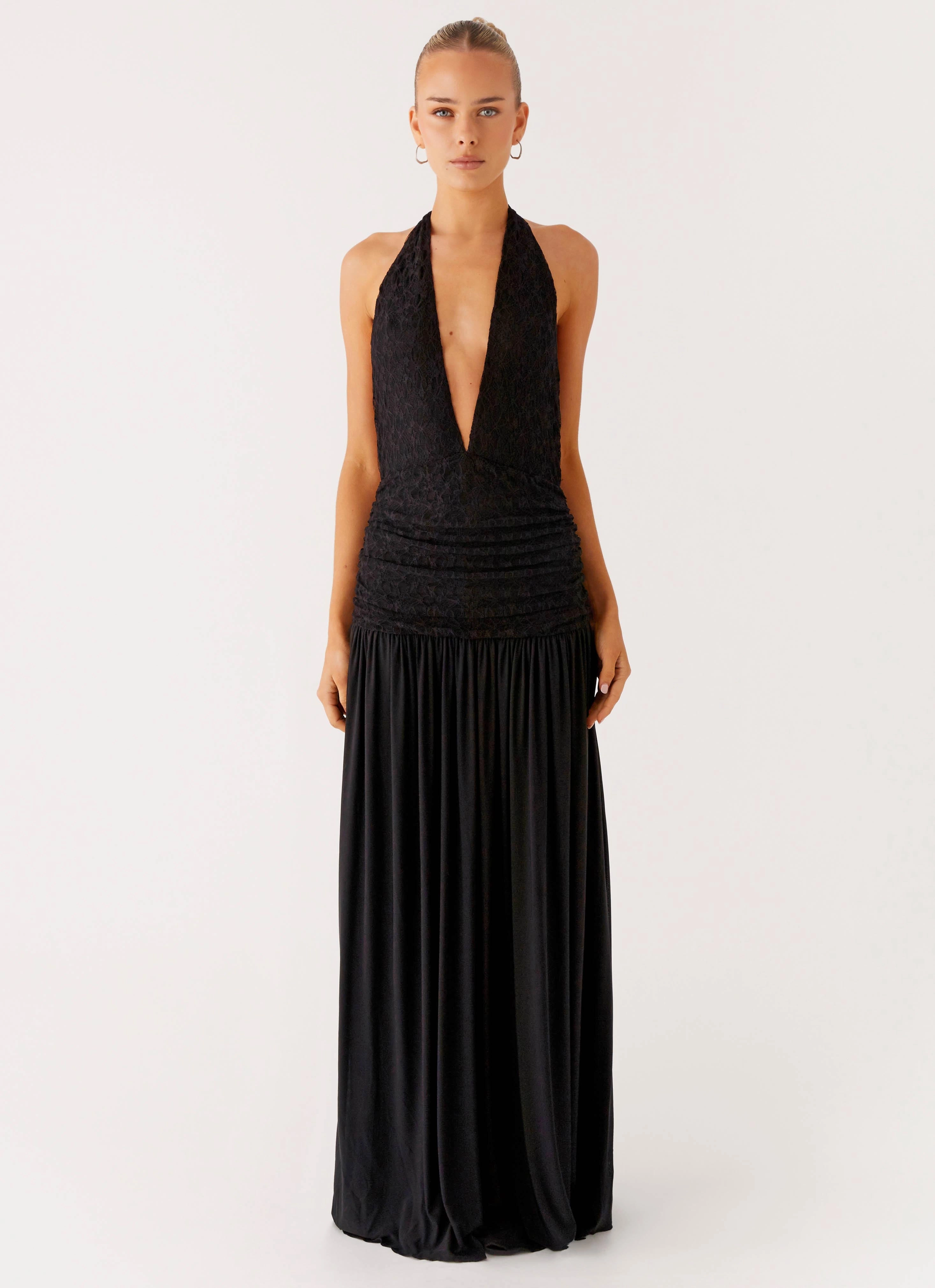 Full Attention Maxi Dress - Black Satin-Sleeve