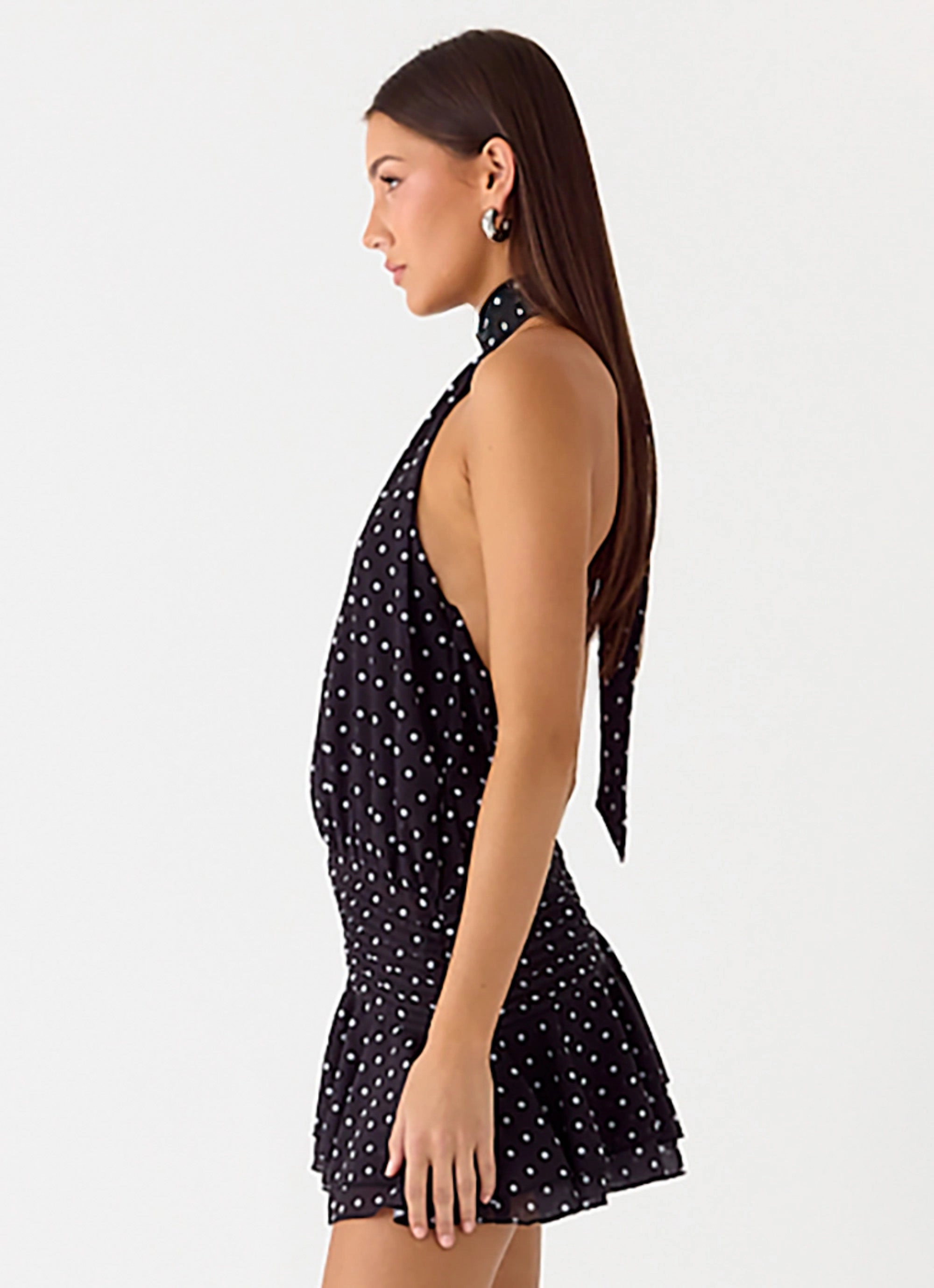 Willow Chiffon Mini Dress - Black Polkadot Gathered-Detail
