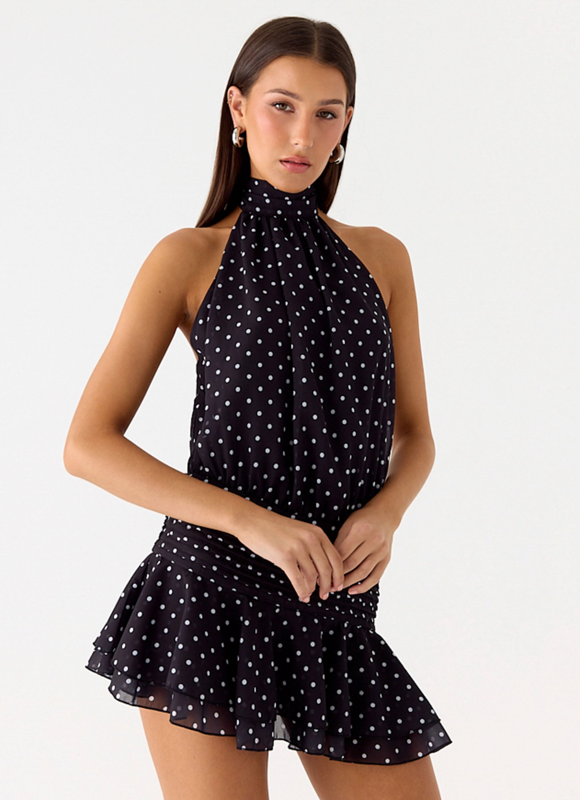 Light Shape Willow Chiffon Mini Dress - Black Polkadot