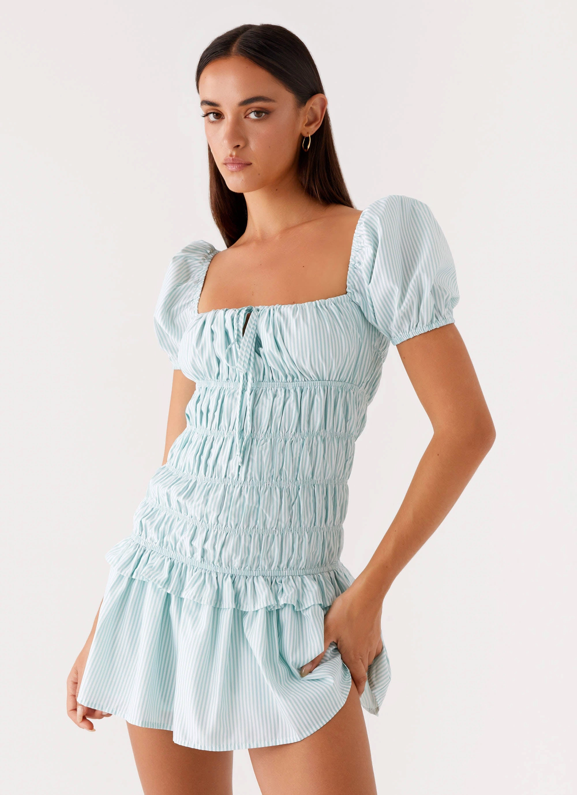 Loose Fit Formal-look Yolene Mini Dress - Green Gingham