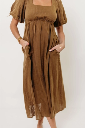 Phoebe Midi Dress in Camel/Cream Gathered Skirt