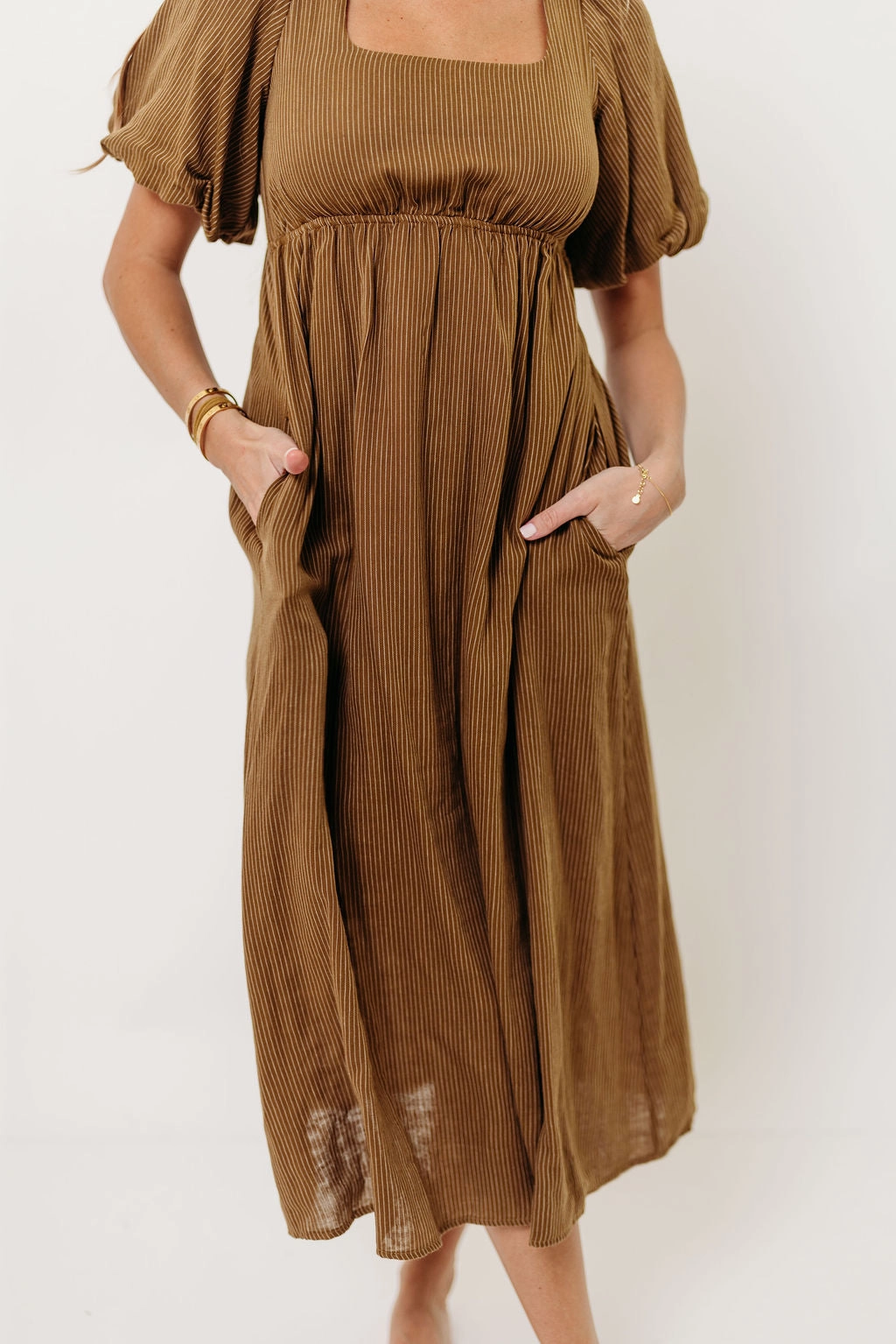 Phoebe Midi Dress in Camel/Cream Gathered Skirt