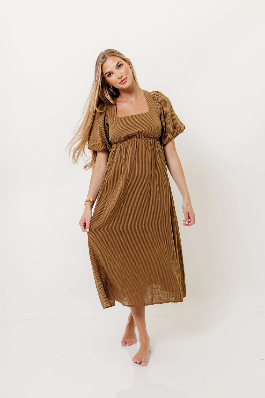 Phoebe Midi Dress in Camel/Cream Simple Elegance