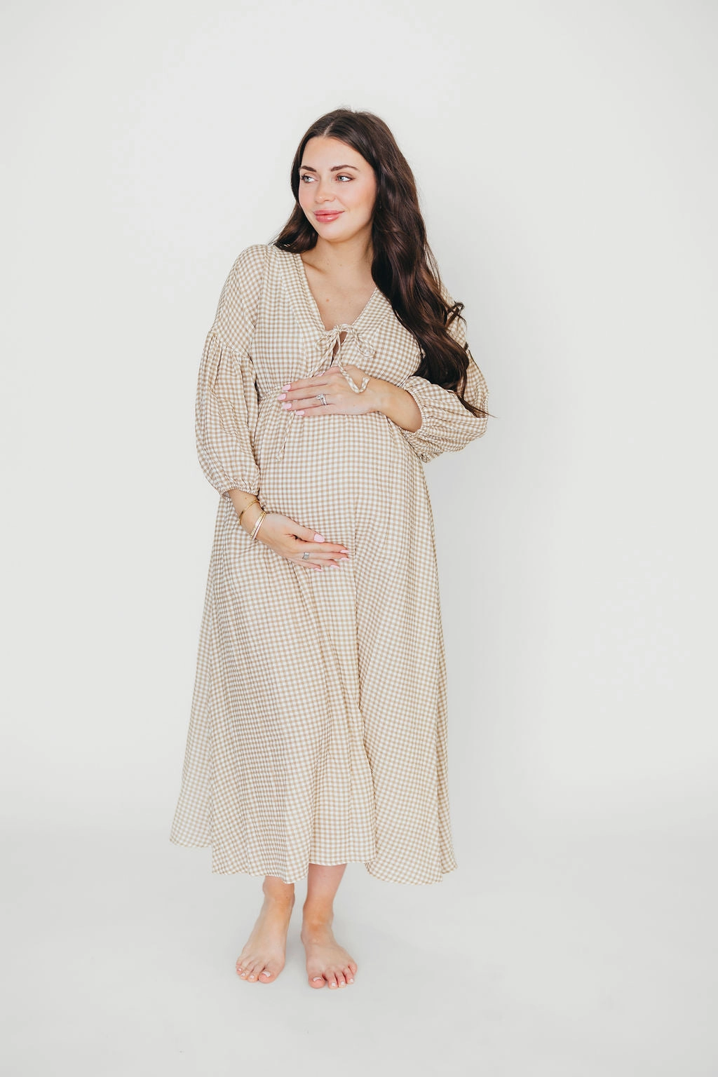 Hunter Printed Gauze Midi Dress in Natural Plaid - Bump Friendly *9/22 PRE-ORDER* Fitted Design Velvet-Sleeve