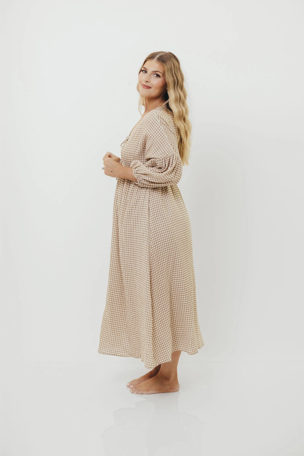 All-day Comfort Tactile Feel Hunter Printed Gauze Midi Dress in Natural Plaid - Bump Friendly *9/22 PRE-ORDER*