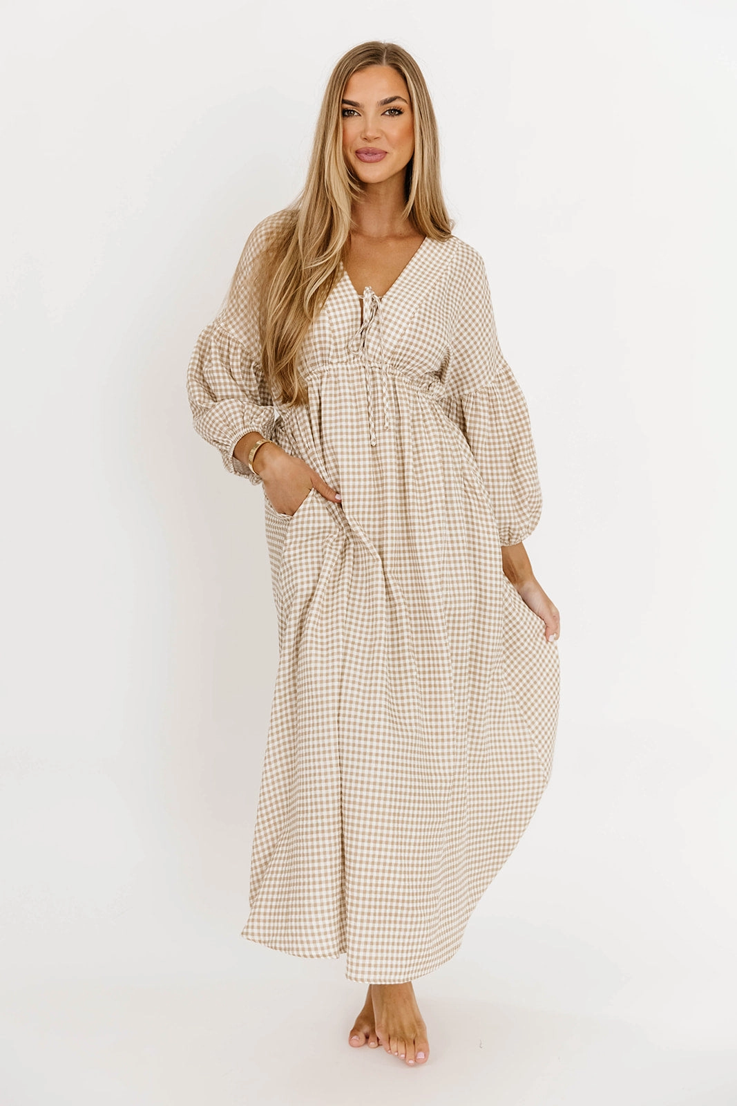 Casual Style Wool-Blend Hunter Printed Gauze Midi Dress in Natural Plaid - Bump Friendly *9/22 PRE-ORDER*