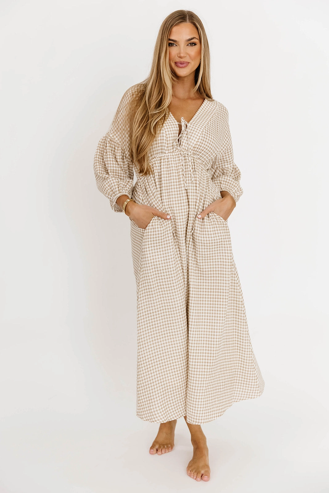 Hunter Printed Gauze Midi Dress in Natural Plaid - Bump Friendly *9/22 PRE-ORDER* Fashion Daily Light Soft
