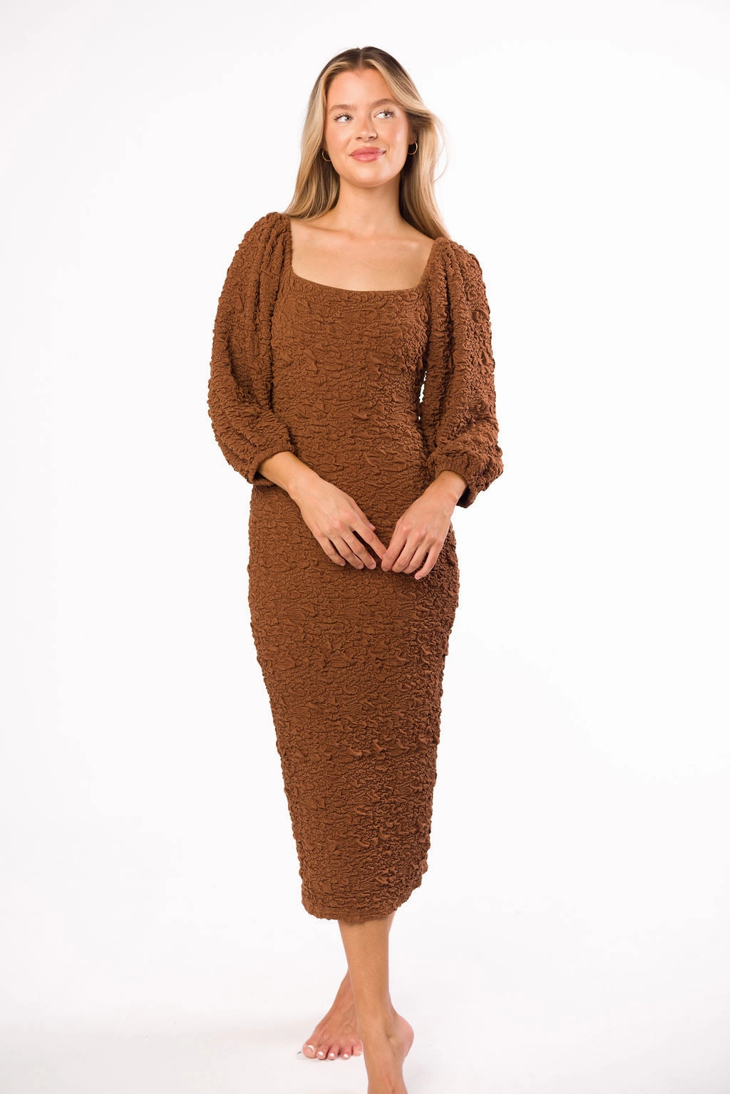 Darcy Square Neck Midi Dress in Brown - Bump Friendly *Final-Sale* Trendy Layering Natural Tones