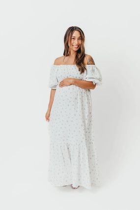 Versatile Piece Livvy 100% Cotton Maxi Dress in Off-White / Blue Floral - Bump Friendly & Inclusive Sizing