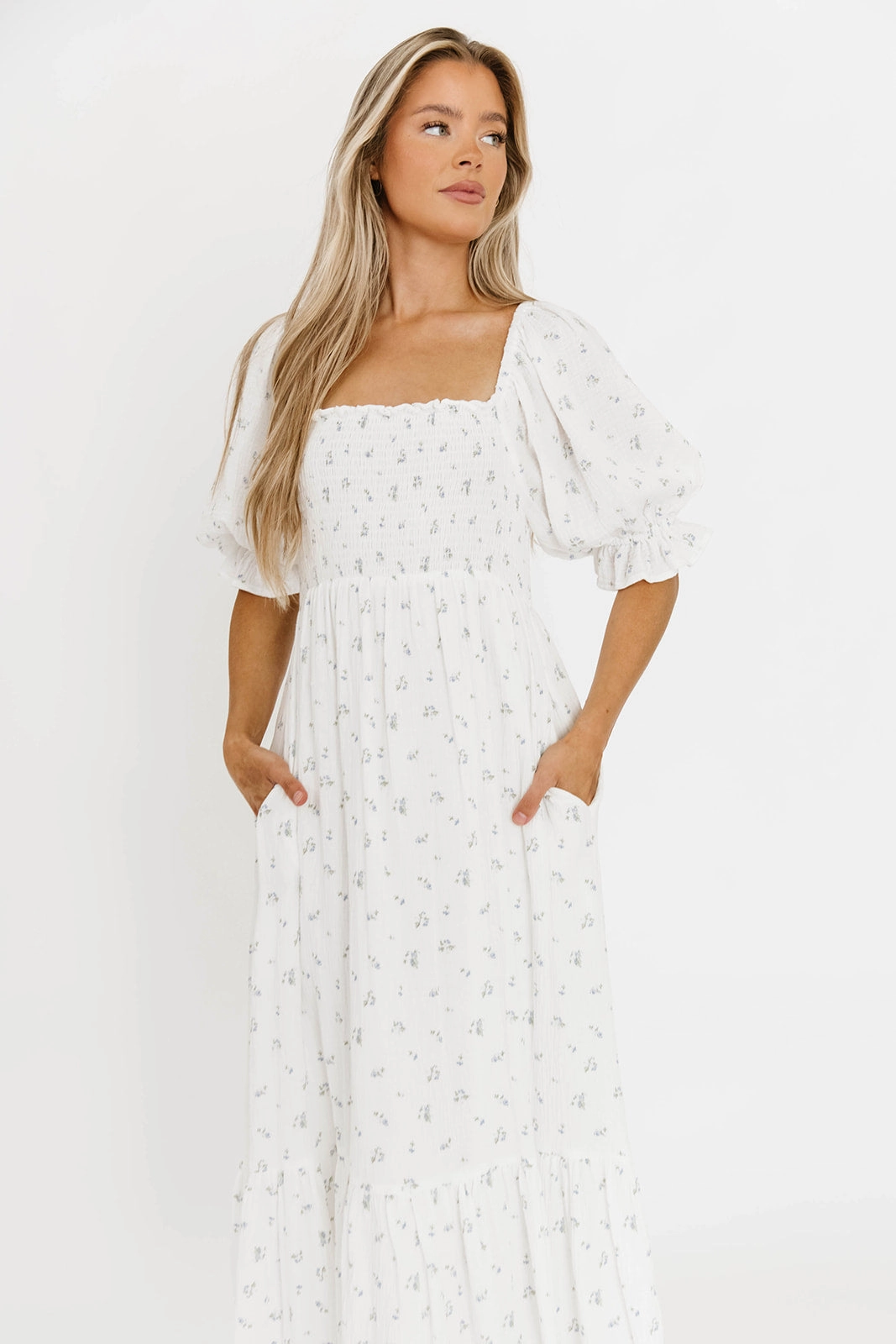 Classic Appeal Livvy 100% Cotton Maxi Dress in Off-White / Blue Floral - Bump Friendly & Inclusive Sizing