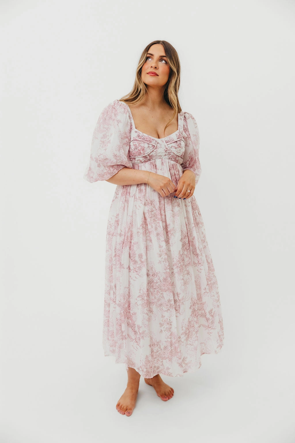 Harlow Midi Dress in Light Pink Floral - Bump Friendly & Inclusive Sizing (S-3XL) Texture Style