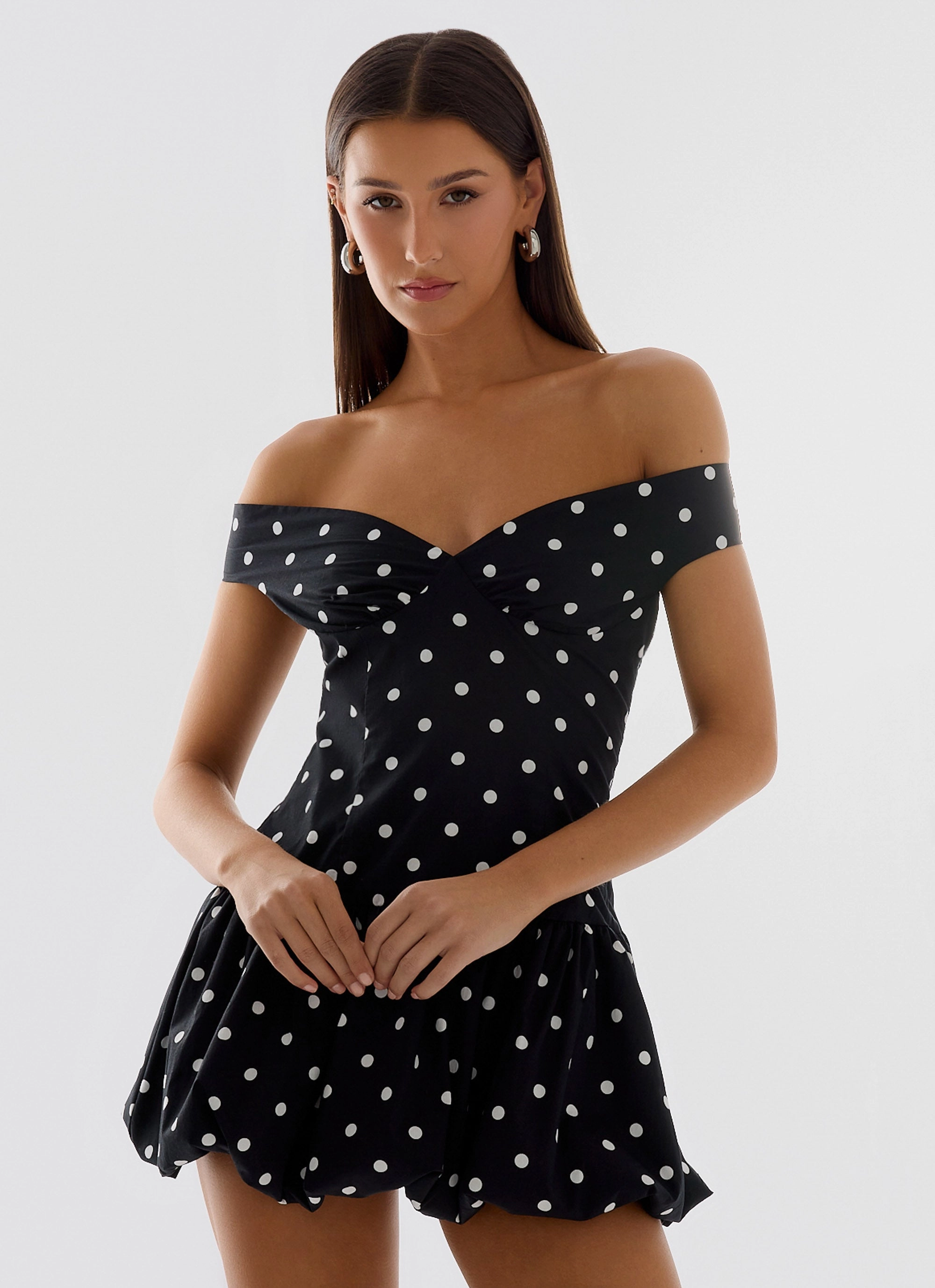 Urban Fit Refined Mood Endless Romance Off Shoulder Mini Dress - Black Polkadot