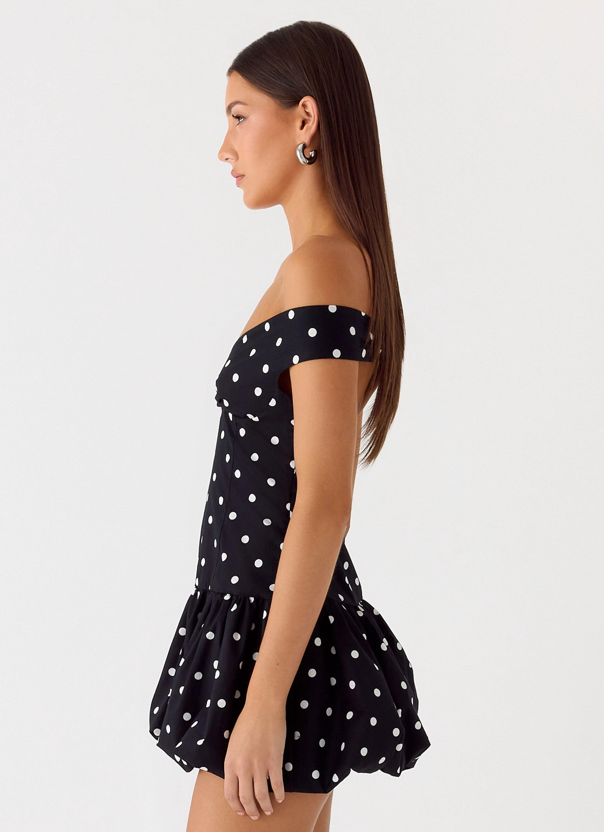 Endless Romance Off Shoulder Mini Dress - Black Polkadot Smart Style Effortless Comfort