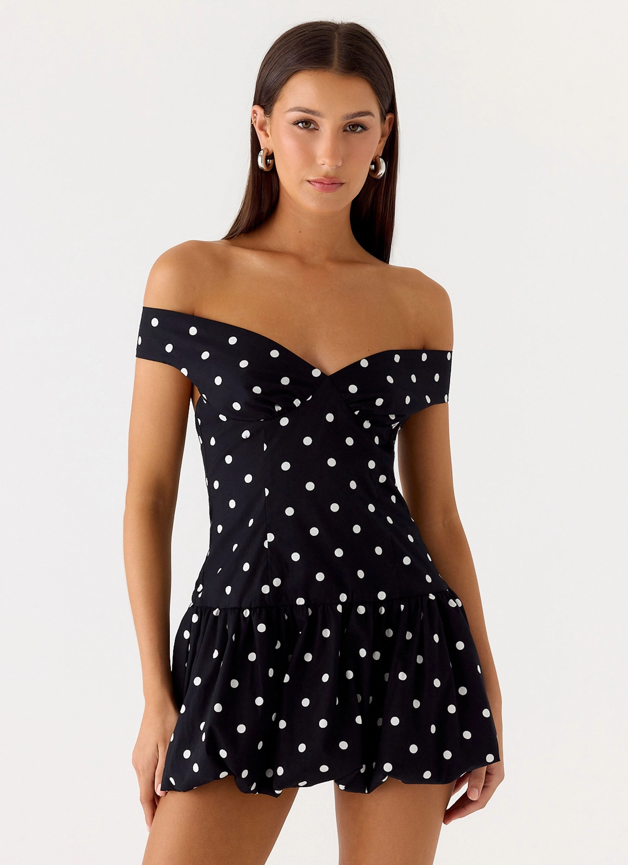 Bow Glow Perfect Day-to-Night Endless Romance Off Shoulder Mini Dress - Black Polkadot