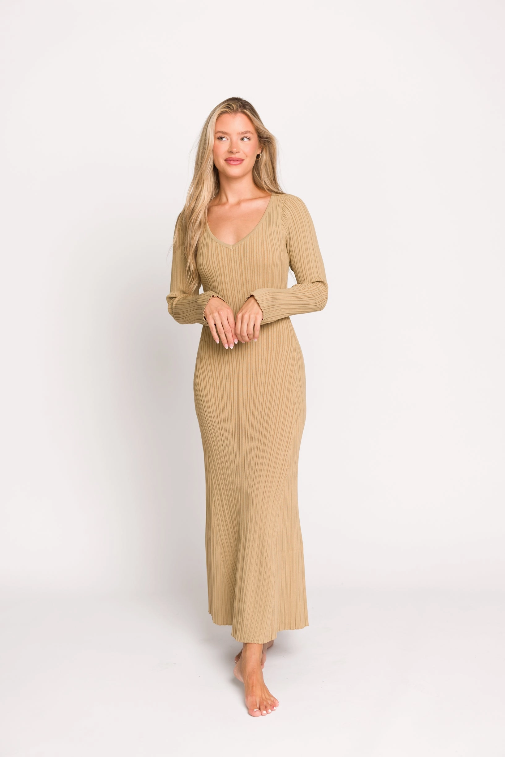 Keaton Knit Maxi Dress with V-Neckline in Beige Sleek Texture