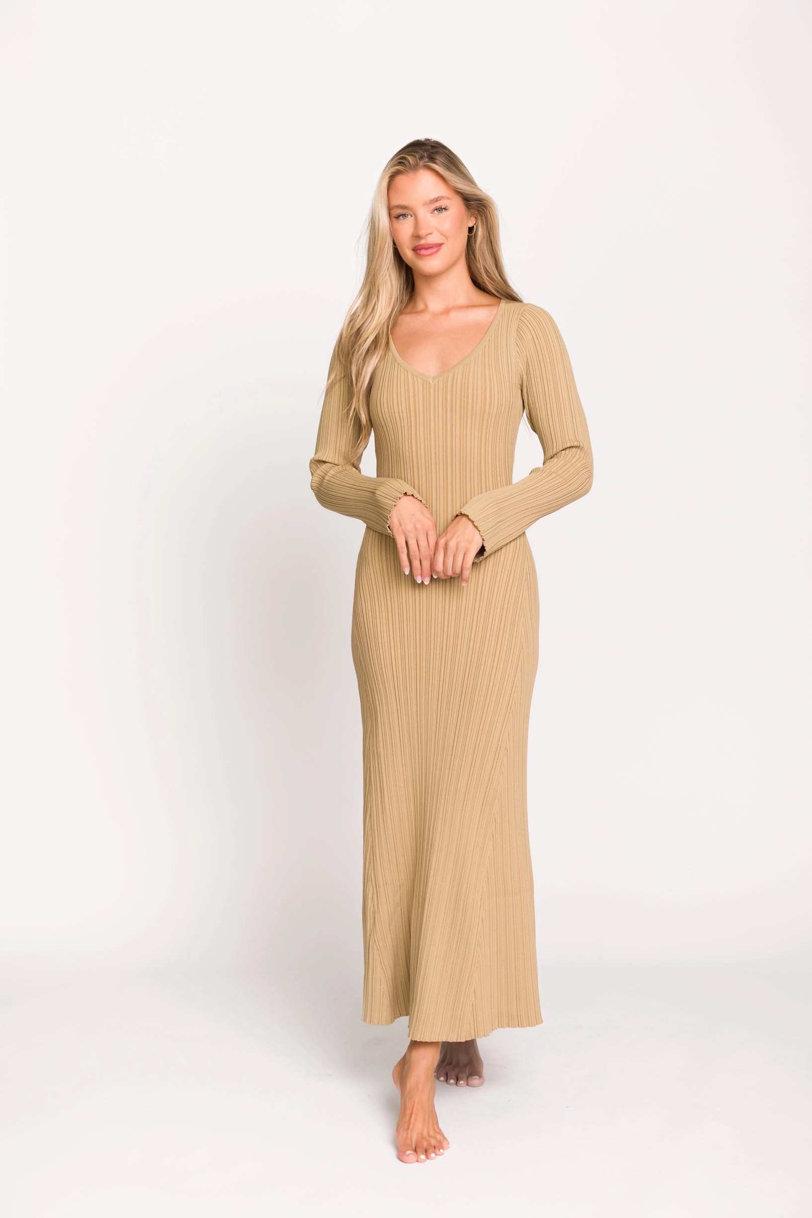 Day Romance Boho Tone Keaton Knit Maxi Dress with V-Neckline in Beige