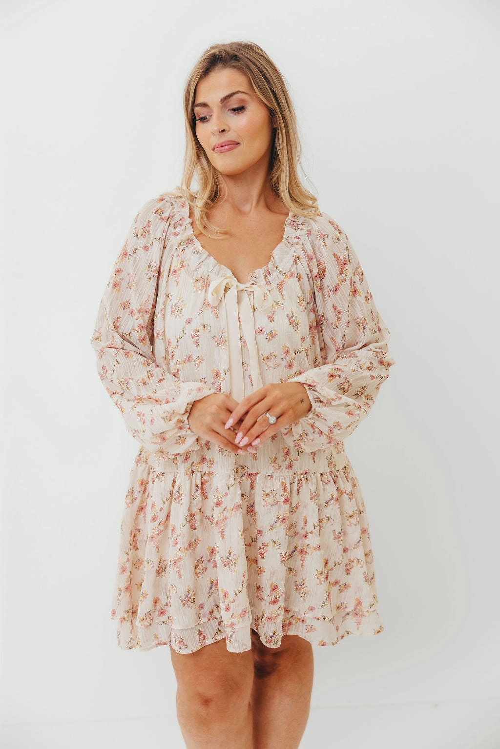 Maui Soft Petals Flare Mini Dress in Cream Multi Layer Base