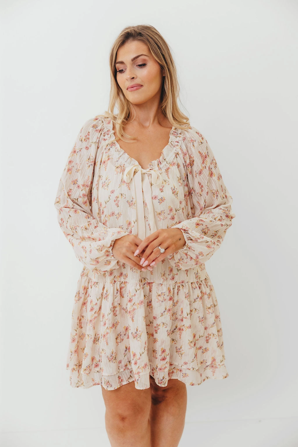 Maui Soft Petals Flare Mini Dress in Cream Multi Free Step