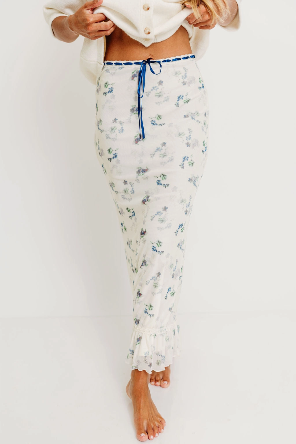 Tyra Floral Mesh Maxi Skirt in Cream Delicate Edge Urban Classic