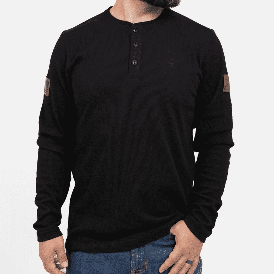 Breathable Pique Knit Thermal Henley - Black