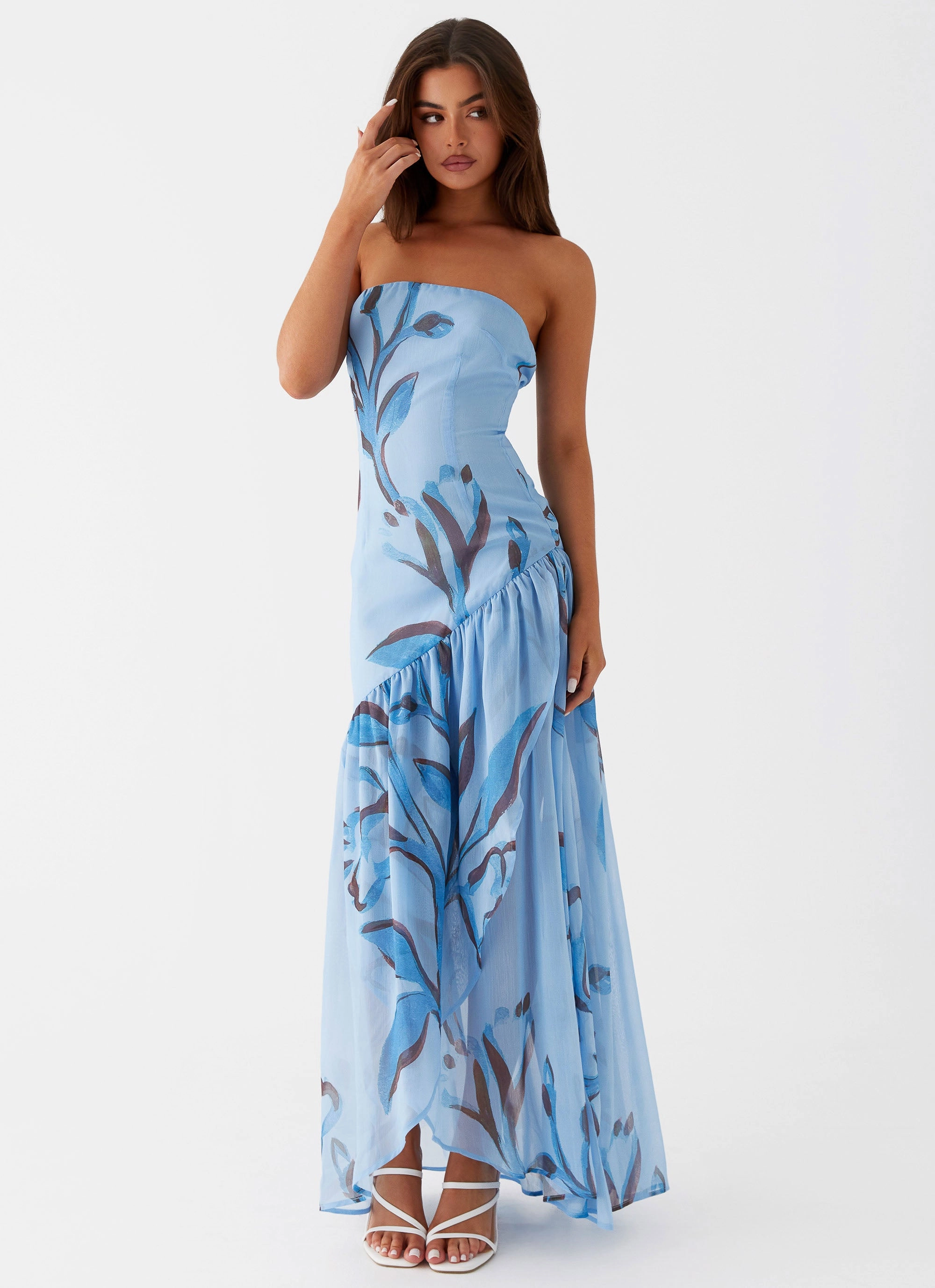 Bishop-Sleeve Crinkle Effect Solaris Strapless Maxi Dress - Blue Floral