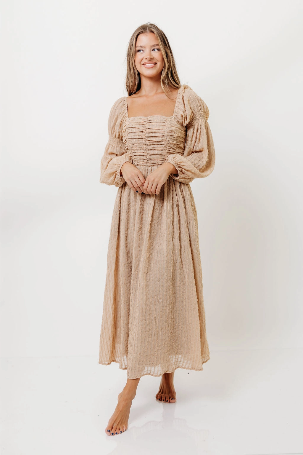 Stylish Cut Maxine Ruched Chiffon Maxi Dress in Taupe