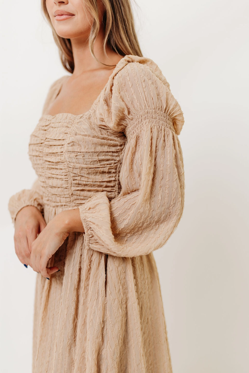 Evening Tone Street Flex Maxine Ruched Chiffon Maxi Dress in Taupe