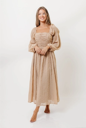 Polished Form Vibrant Form Maxine Ruched Chiffon Maxi Dress in Taupe