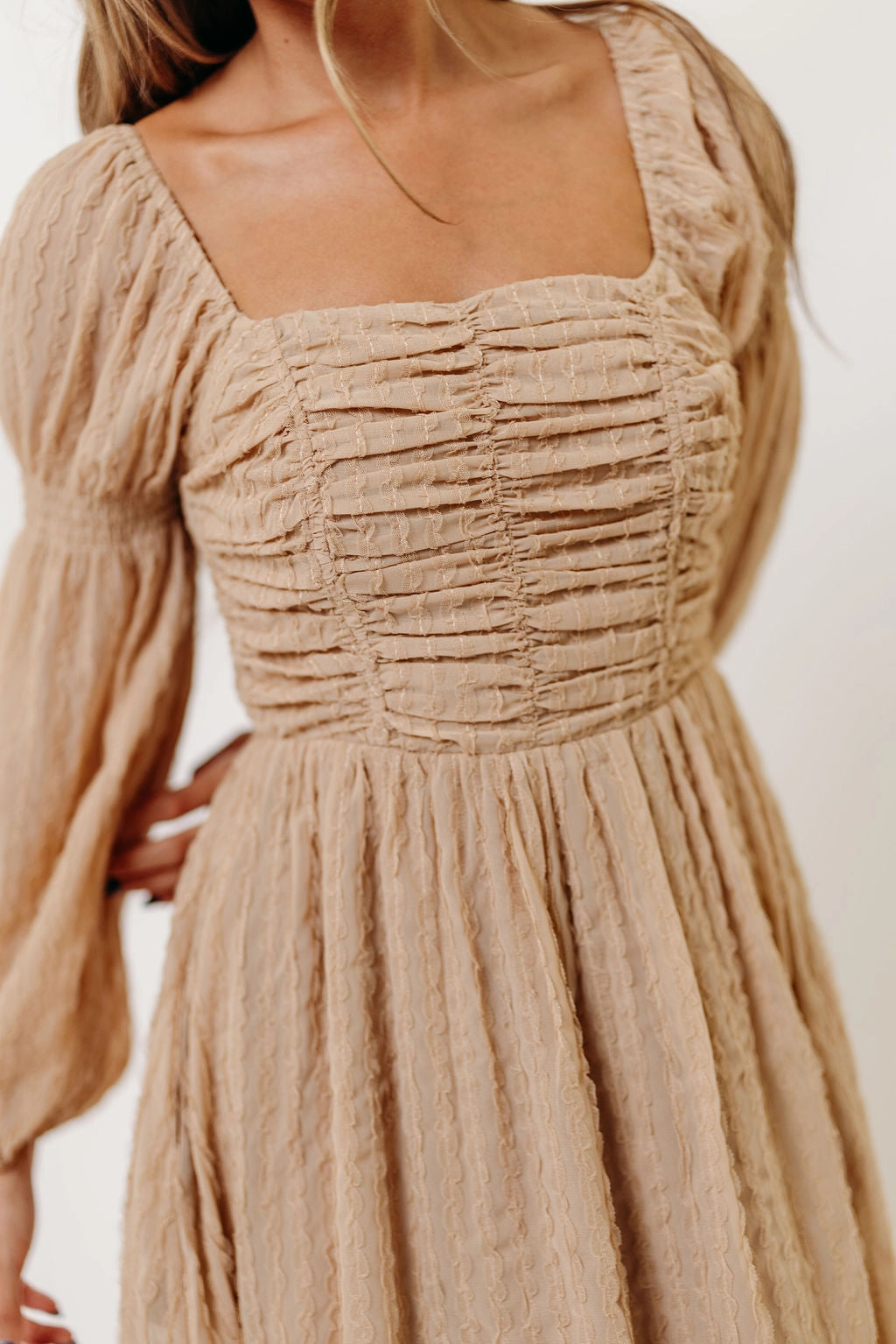 Maxine Ruched Chiffon Maxi Dress in Taupe Smooth Vibes London Edge