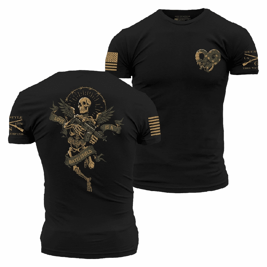 Wrinkle Resistant Texture Comfy Look Wear Love Is A Battlefield T-Shirt - Black